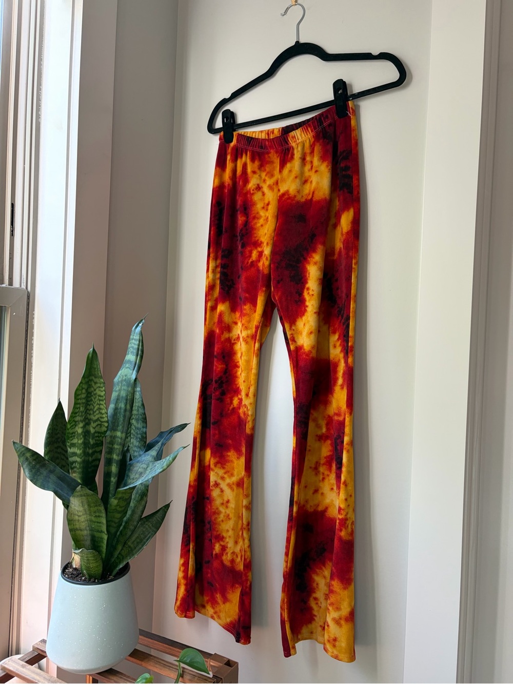 Vintage y2k crushed velvet flame tie dye pattern bell bottoms